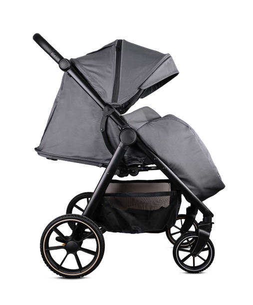 istock Modern gray baby stroller with canopy isolated on white background 2173912656