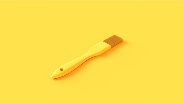 Yellow paint brush small vivid handle bristle painting tool equipment background 3d illustration render digital rendering