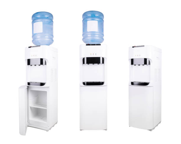 istock Modern water cooler dispenser with open empty fridge on white background 2173923622
