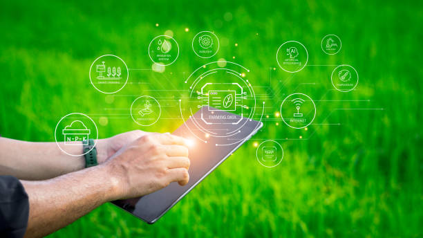 istock Farmers use agricultural technology in data analysis tablets and image icons. New technologies in agricultural business concepts. Men use tablets to research and develop plant varieties, agricultural 2173931186