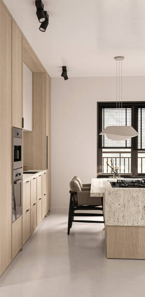 istock Modern kitchen interior with stone countertop island and bar stools, elegant 3d rendering 2173945383