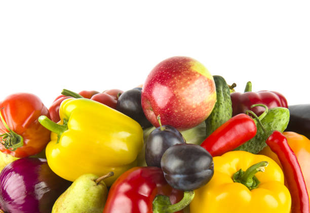 Set of vegetables and fruits isolated on a white background. Free space for text.