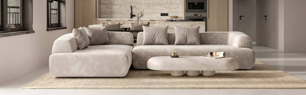 istock Spacious modern living room with beige sofa and open kitchen, elegant interior, 3d rendering 2173945910