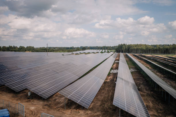 istock A vast solar farm with rows of panels under a cloudy sky, surrounded by trees. 2173946184