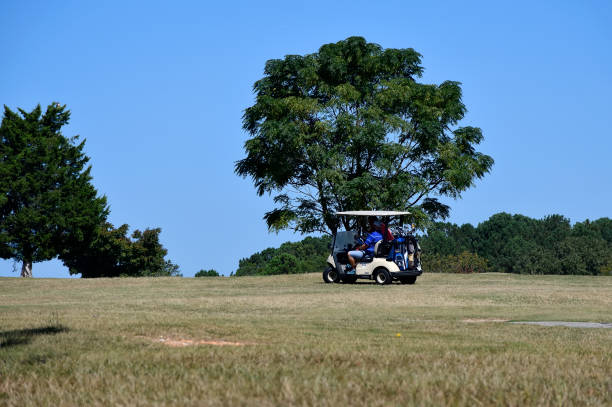 A group of diverse young adults enthusiastically preparing for a golf game, carrying clubs and wearing casual attire in a sunny golf course setting. They engage in lively conversation near electric golf carts, enhancing their leisure experience.