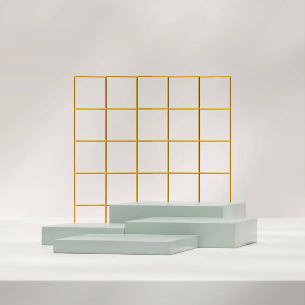 istock 3d rendering mockup template of green podium in square with gold backdrop and sun shadow 2173951720