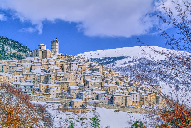 Italy, Gran Sasso National Park, Calascio, wimter view of the snow-covered town