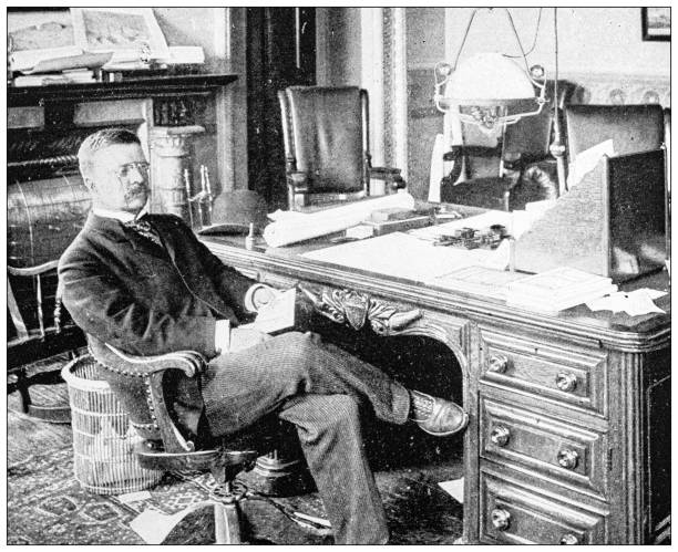 illustrazioni stock, clip art, cartoni animati e icone di tendenza di immagine antica: governo in tempo di guerra, theodore roosevelt - presidente degli stati uniti