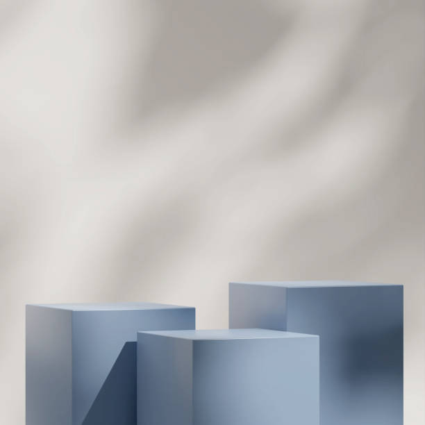 istock minimal 3d rendering of blue podium in square with sun shadow in white wall background 2173952301