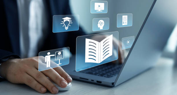 istock Business person who attends online lessons on a digital technology screen.E-learning education.Digital internet lessons and online webinar on virtual screen. Education internet Technology. 2173953118
