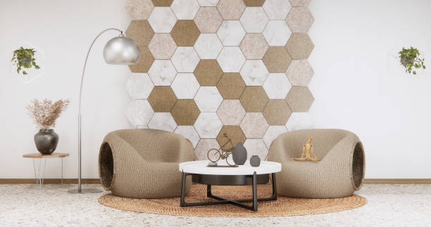 istock sofa and decoration plants on hexagon tiles wall Modern room minimalist.3D rendering 2173953865