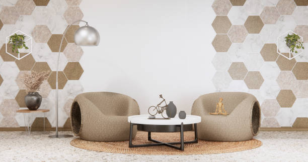 istock sofa and decoration plants on hexagon tiles wall Modern room minimalist.3D rendering 2173953870