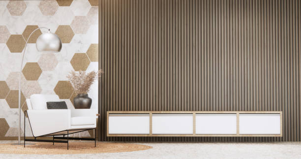 istock Mockup Cabinet on living room modern style with hexagon tiles wall background.3D rendering 2173953946