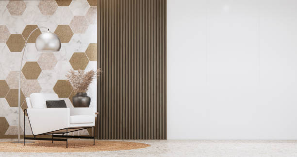 istock Empty room hexagon tiles wall on wooden floor, Modern room minimalist.3D rendering 2173953956