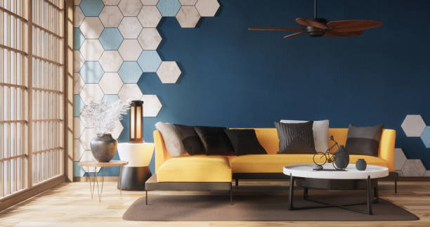 istock mockup Blue concept living room modern style with hexagon tiles wall background.3D rendering 2173954009