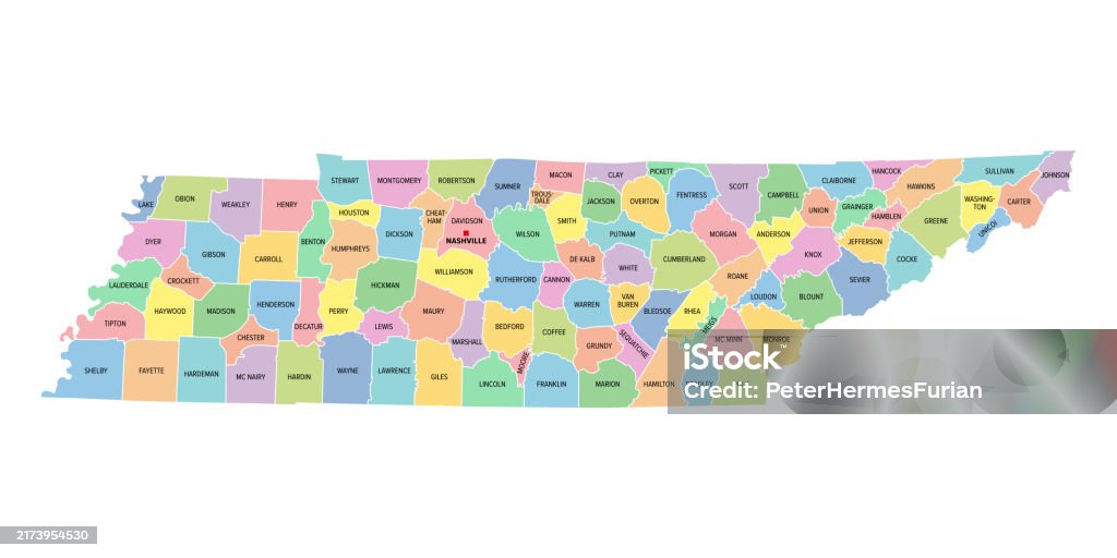 95 Counties Tennessee Us State Subdivided Into 95 Counties Multi Colored Map Stock ...