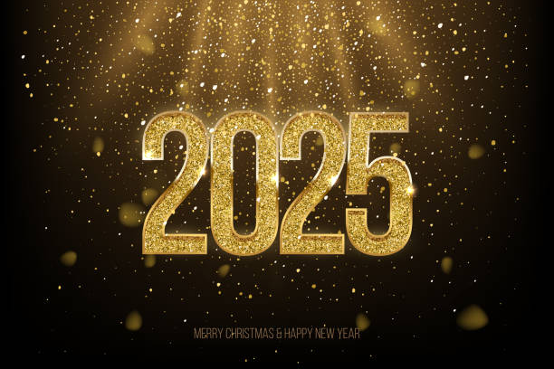 istock 2025 Happy New Year greeting card vector illustration. 2025 golden numbers with gold falling confetti decoration and glow light effect, festive sparkle of tinsel texture in holiday design background 2173958465