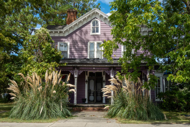 Crisfield, Maryland, USA Sept 4, 2024 A purple residential house on Main Street with overgrown bushes and trees.