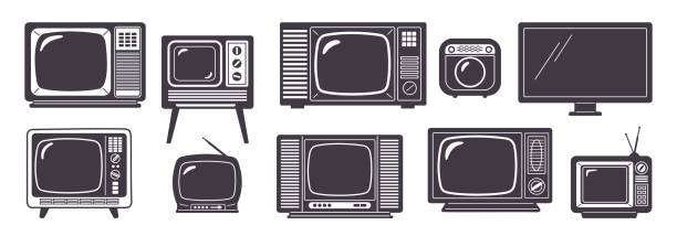 Old TV silhouettes. Black and white flat vintage television icons. Retro video equipment. Old-fashioned media show. Program channels and news broadcast. Obsolete analog displays. Garish vector set