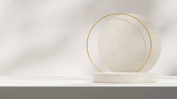 istock Minimal ceramic texture podium and gold ring background 3d rendering mockup template in landscape 2173963186