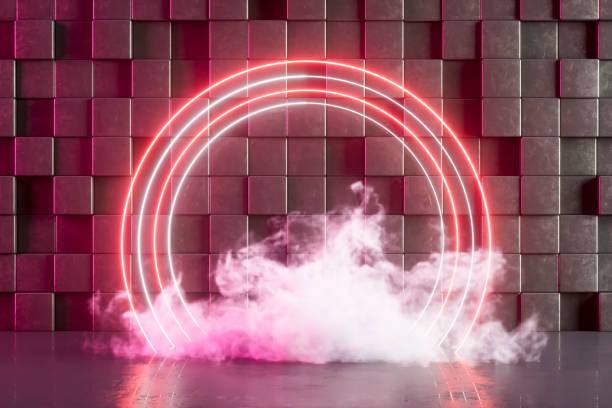 Ultraviolet neon lights cosmic landscape glowing led lighting with smoke 3d abstract background, Christmas concept. Digitally generated image. 3d render.
