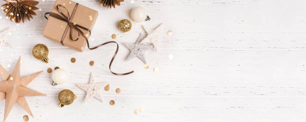 istock Festive Christmas background with gift box and Christmas decorations 2173964896