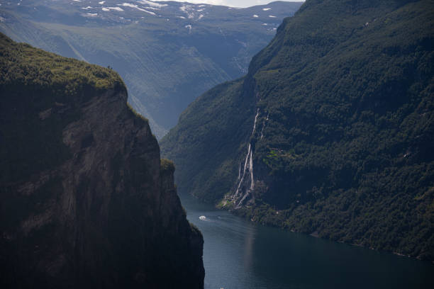 Aerial view overlooking the Geiranger Fjord and the Seven Sisters Waterfall in northern Norway.