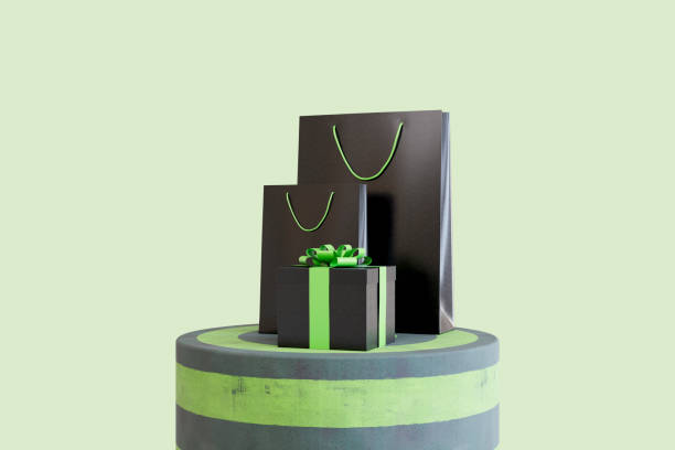 Black Friday Concept, gift box and shopping bag on podium. Digitally generated image. 3d render.