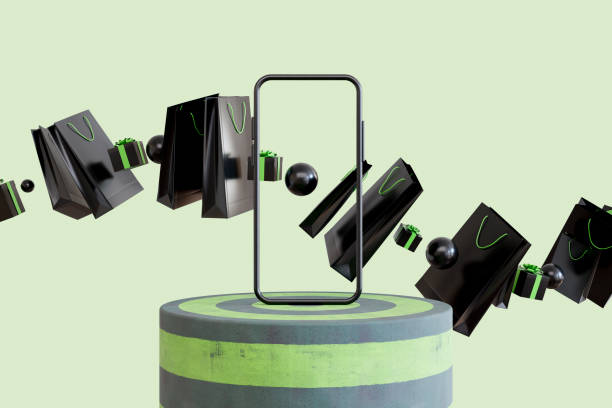 Black Friday concept with blank screen smart phone on podium
