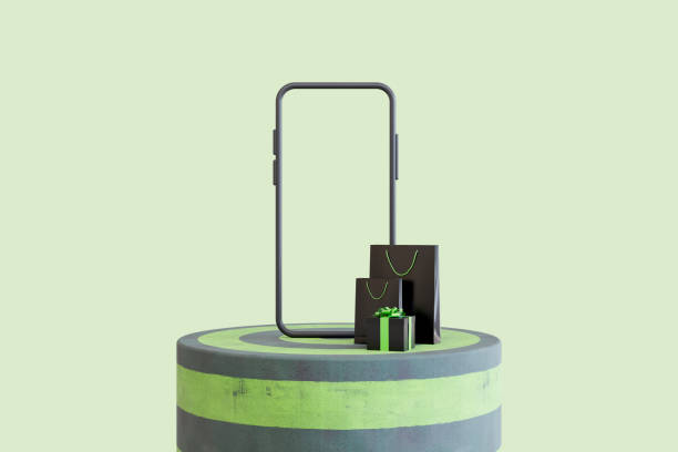 istock Black Friday concept with blank screen smart phone on podium 2173977120