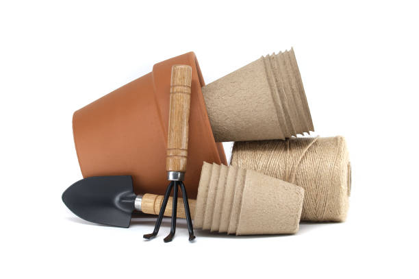 istock Gardening tools with terracotta pot, biodegradable pots, and spool of twine on a white background 2173978086