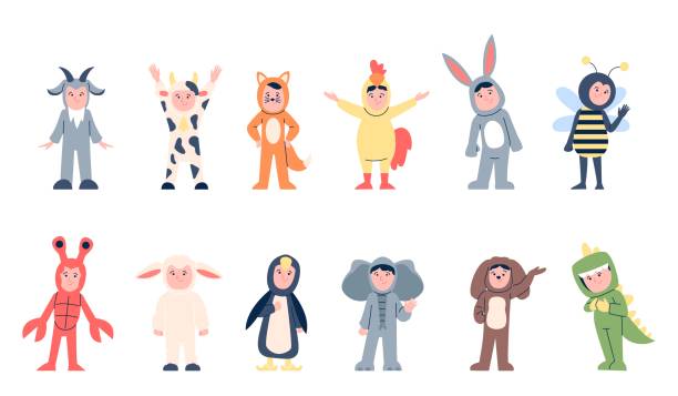Animal masquerade costumes. Children in amigurumi costume, pajama party little characters. Elephant penguin bunny cow chicken, recent vector set Animal masquerade costumes. Children in amigurumi costume, pajama party little characters. Elephant penguin bunny cow chicken, recent vector set original artwork kid animal costume stock illustrations