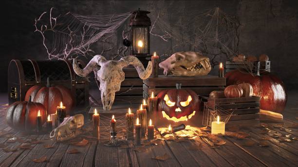 istock Spooky Halloween scene with skulls, pumpkins, 2173979172