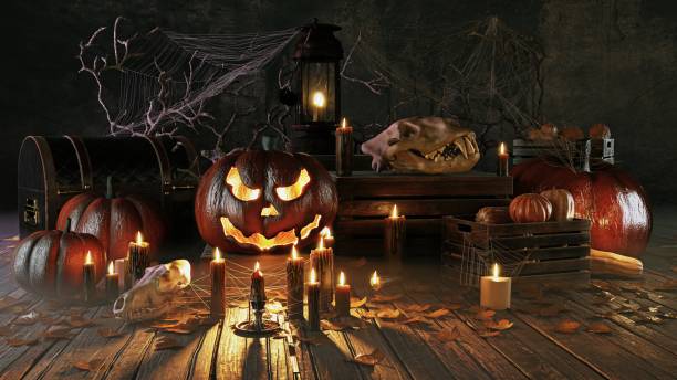 istock Spooky Halloween scene with skulls, pumpkins, 2173979184