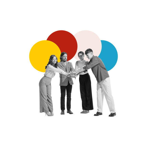 istock Four people stacking hands together in sign of teamwork and unity. Powerful representation of collaboration, team spirit, and shared goals. Contemporary art collage. 2173986751