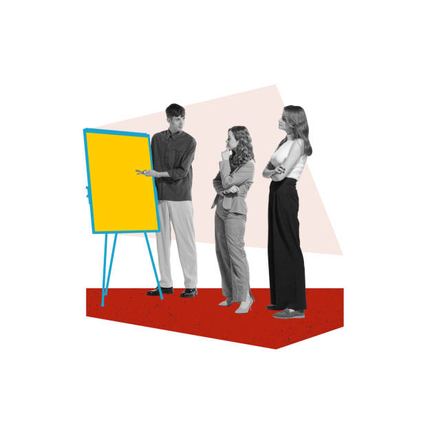 istock Man presenting to two women, pointing at blank yellow board. Business training, idea generation, and collaboration. Growing professional skills. Contemporary art collage. 2173986758