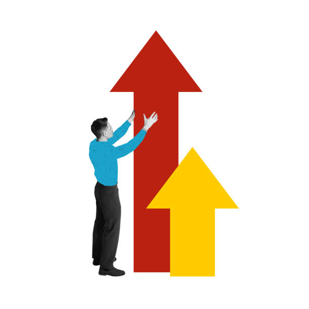 istock Man interacting with large upward-pointing arrows, symbolizing growth, progress, and rising success. Contemporary art collage. 2173986764