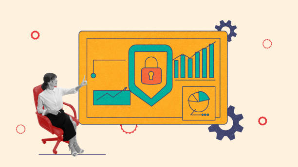istock Woman pointing at large screen with graphs and a lock, representing importance of secure business analytics and need to protect data-driven insights. Contemporary art collage. 2173987067