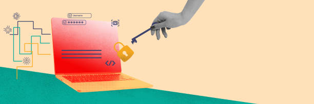 istock Hand unlocking laptop with key, symbolizing symbolizing cybersecurity measures, protecting online data, and secure access to digital information. Contemporary art collage. 2173987082
