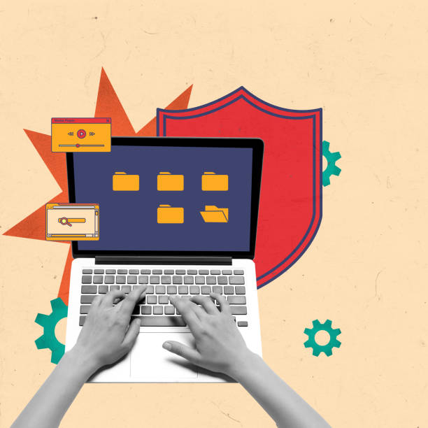 Hands typing on laptop with folders and security shield icon. Focus on data protection, and file management. Contemporary art collage.