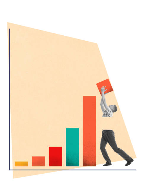 Man lifting large block on growing bar graph representing business growth, overcoming challenges, and continuous improvement. Contemporary art collage.