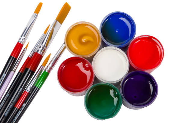 istock Paint brushes and paints gouache  isolated on white background. Top view. 2173988988