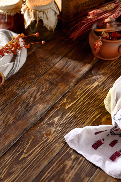 istock Rustic Wooden Background with Linen Textiles and Autumn Decorations 2173989739
