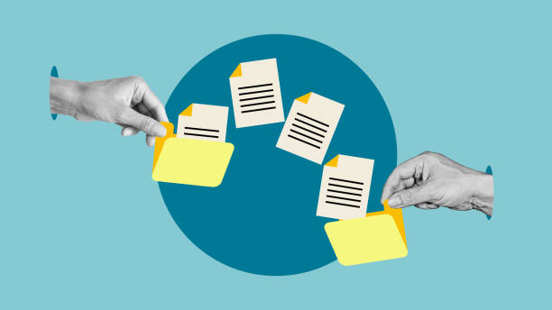 istock Sending of document on internet. Data transfer, Transfer file of data between folders and Backup data. Exchange of file 2173993121