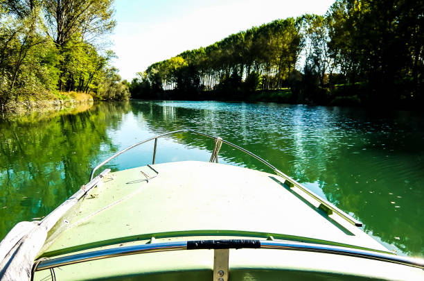 A boat is on a river with trees in the background. The water is green and calm. The boat is moving slowly and the reflection of the trees can be seen in the water