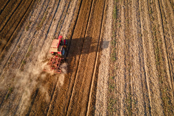 istock Tractor working in agricultural field, cultivating and plowing dry soil 2174001133