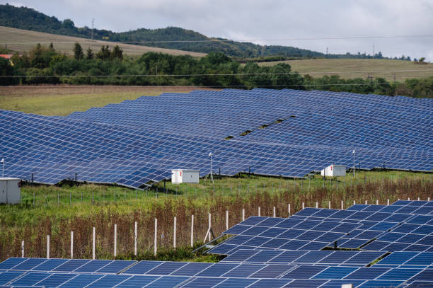 istock Solar panel farm in a rural landscape with blue sky 2174001650