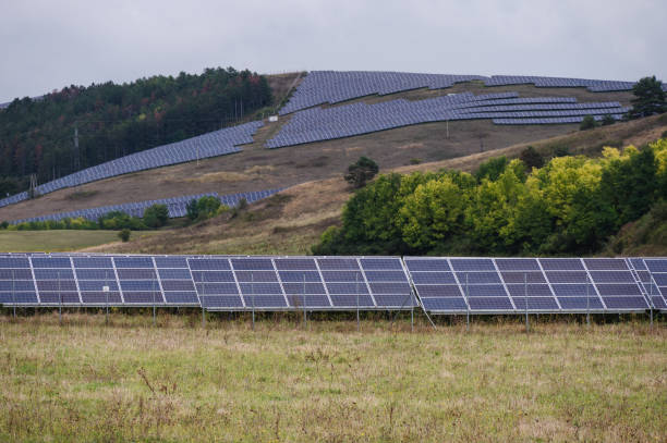 istock Solar panel farm in a rural landscape with blue sky 2174001903