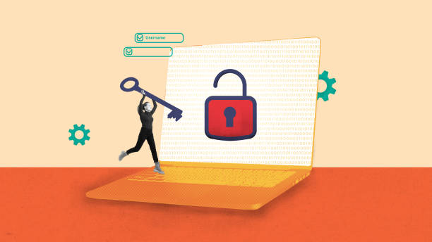 istock Woman with giant key running to oversized lock on laptop screen, representing unlocking cybersecurity protection. Contemporary art collage. 2174003231
