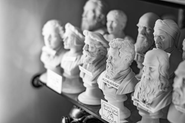 A captivating collection of sculpted busts representing renowned figures, captured in monochrome. This artistic composition highlights the intricate details of each bust, providing a rich visual narrative. Ideal for educational and artistic contexts.